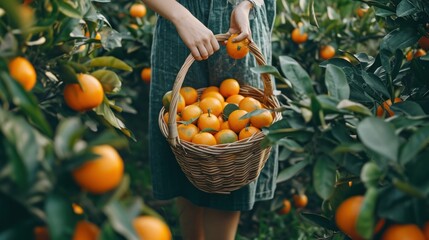 woman collects oranges from a small tree in a wicker basket. citrus fruits grow on branches. ripe fruits of orange tangerines. fresh fruits grown at home     - obrazy, fototapety, plakaty