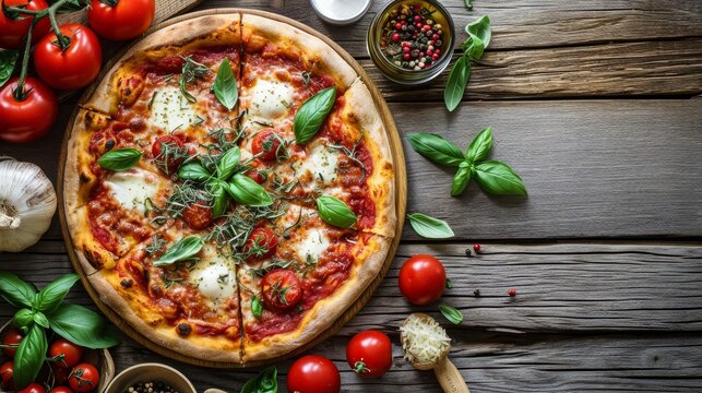 whole italian pizza on wood table with ingredients    