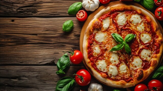 whole italian pizza on wood table with ingredients    