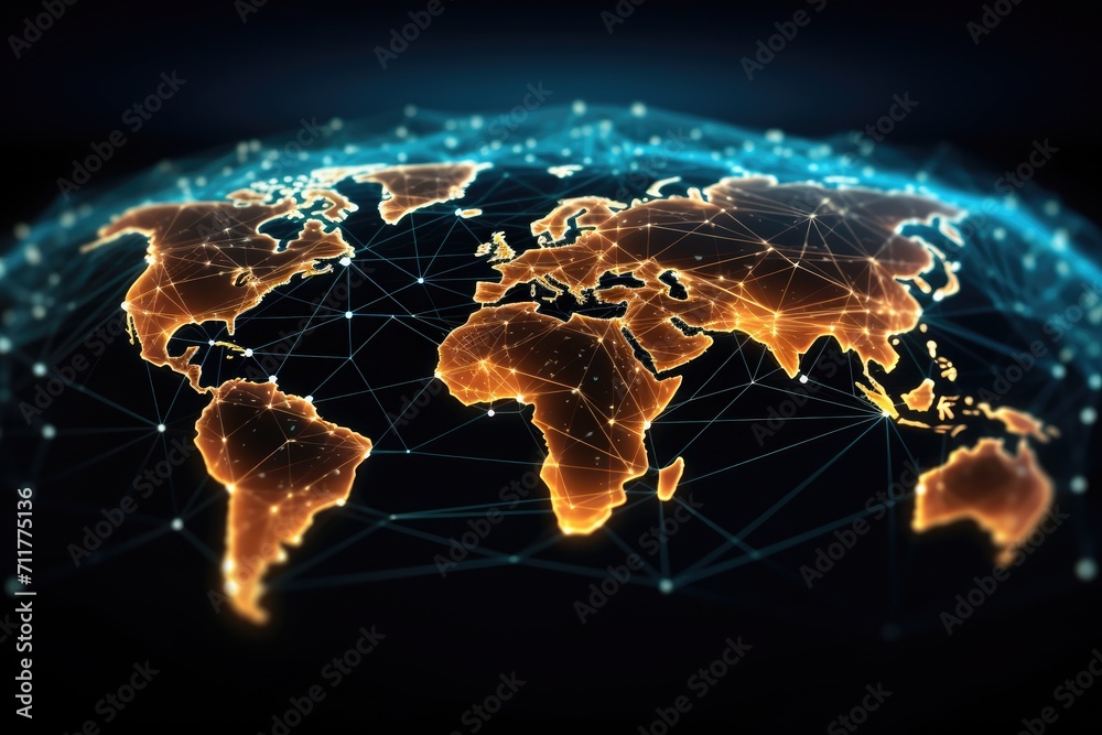 Poster a visual representation of global networks showcased through lines and dots on a map of the world, g