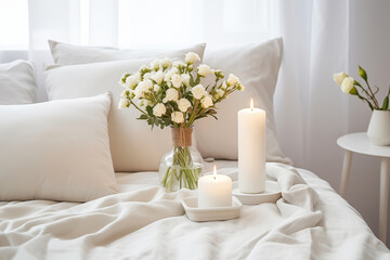 Lit candles on a tray beside a vase of fresh white flowers on a cozy bed with soft pillows. Good morning concept