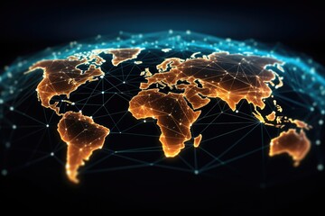 A visual representation of global networks showcased through lines and dots on a map of the world, Global network connection on a world map hologram, black background, AI Generated - obrazy, fototapety, plakaty