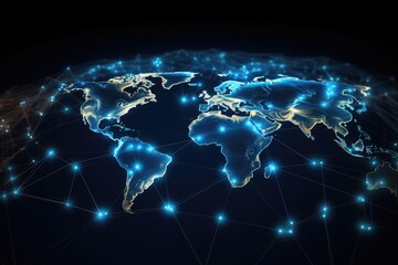 A world map showcasing an arrangement of lights across continents and countries, Global network connection on a world map hologram, black background, AI Generated