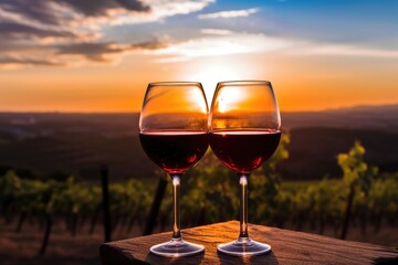 Two glasses of wine, filled to the brim, sit side by side on top of a rustic wooden table, Glasses of red wine at sunset with vineyards in the background, AI Generated