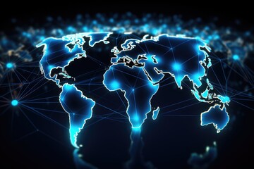 This image depicts a world map illuminated by blue lights, showcasing global connectivity and activity, Global network connection on a world map hologram, black background, AI Generated