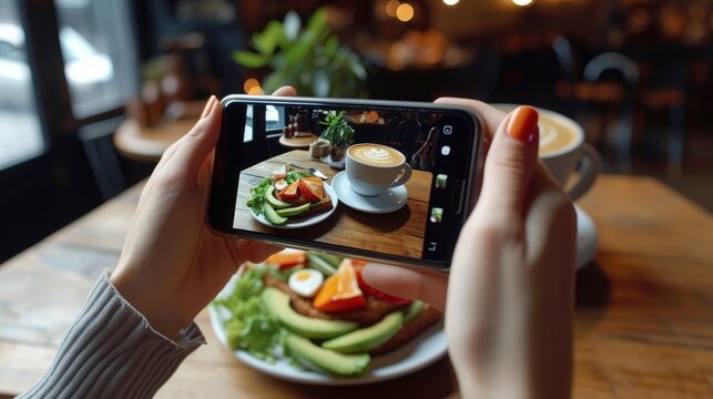 Woman Hands Taking Picture Of Coffee And Avocado Toast With Smartphone. Closeup. 4K.    