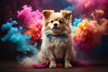 dog with colorful smoke
