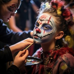 A close-up shot capturing the detailed makeup application on a child's face backstage before performing in a theater