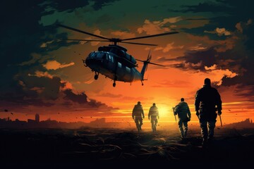 Fototapeta na wymiar A helicopter flies over a group of soldiers who are engaged in a military operation, Infantry soldiers and helicopters on a sunset background, anonymous faces, AI Generated