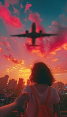 a plane flying past a girl, in the style of pop inspo