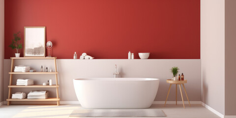 Fototapeta na wymiar A modern and stylish bathroom with red accents, clean lines, and contemporary design, creating a luxurious and comfortable space.