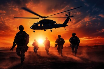 A helicopter flies over a group of soldiers during a military operation, Infantry soldiers and helicopters on a sunset background, anonymous faces, AI Generated - obrazy, fototapety, plakaty