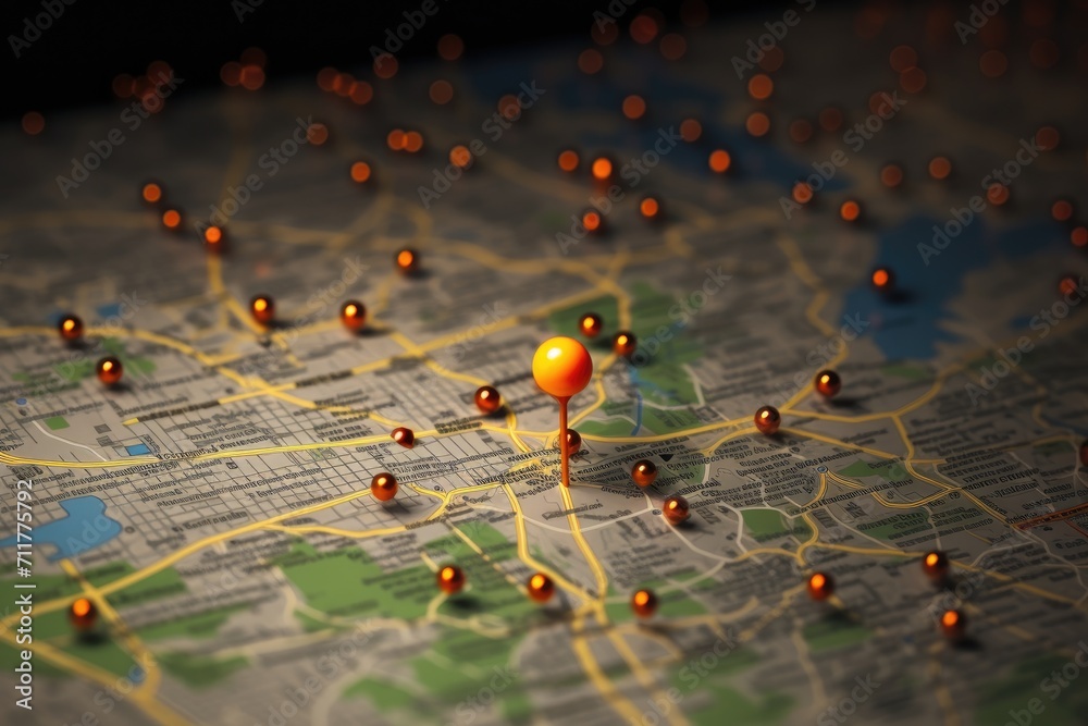 Poster a map featuring multiple orange pins marking various points of interest across different parts of th