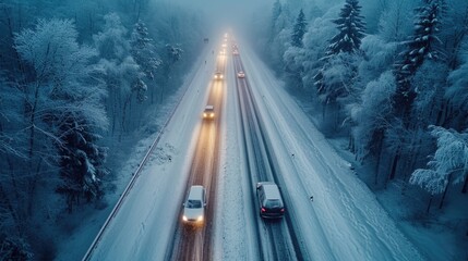 Icy Infrastructure, Long Shot of a Snow-Covered Highway with Abandoned Vehicles, Overhead Perspective, Capturing the Scale of Winter's Disruption - obrazy, fototapety, plakaty