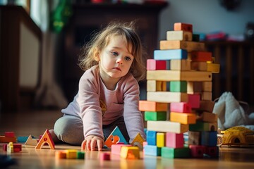 Little Girl Playing With Wooden Blocks on the Floor, little child sits on the floor, engrossed in play, as they build a tower with colorful toy blocks at home, AI Generated