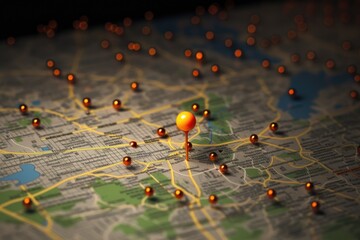 A map featuring multiple orange pins marking various points of interest across different parts of the world, Location marking with a pin on a map with visible routes, AI Generated