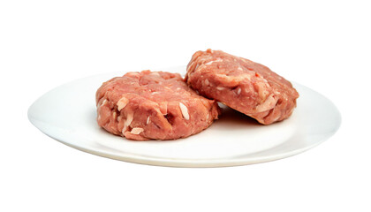 Obraz premium Raw minced beef meat for burgers on a white plate isolated on a transparent background.