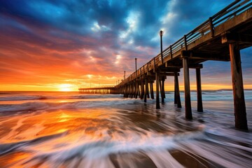 A pier stretching out into the water with boats, under a clear blue sky, Long tall pier at sunset, small waves rolling in, AI Generated