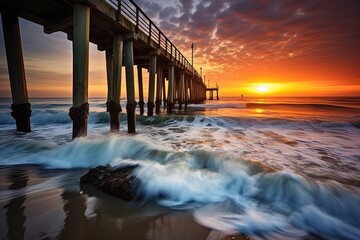 A pier stretching into calm waters, providing a tranquil spot for relaxation and enjoyment, Long tall pier at sunset, small waves rolling in, AI Generated