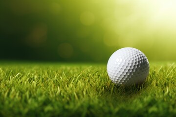 Obraz premium A visually captivating image of a golf ball delicately balanced on a luxuriant field, showcasing the essence of golf, golf ball on green, banner, AI Generated