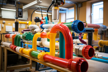 Vibrant array of multicolored industrial plastic pipes installed in an educational training workshop - obrazy, fototapety, plakaty