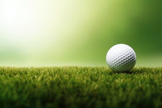 A serene image capturing the peacefulness of golf, with a golf ball resting on top of a vibrant, green field, golf ball on green, banner, AI Generated