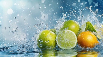 Lemon and lime with splashes of water on a blue background with copy space.refreshing image for the site - obrazy, fototapety, plakaty