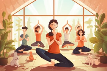 A group of individuals engaging in yoga poses in a room for the purpose of relaxation and improving physical fitness, Group of people practicing yoga in the gym, AI Generated
