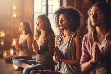 A community of women deep in meditation during a yoga class, Group of young people practicing yoga In the prayer position, AI Generated - obrazy, fototapety, plakaty