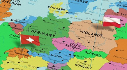 Poland and Switzerland - pin flags on political map - 3D illustration