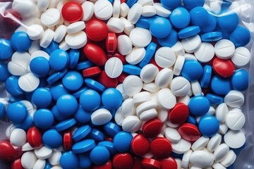 Bag of Red, White and Blue Pills, Prescription Medications in Patriotic Colors, Heap of medical pills in white, blue and other colors Pills in plastic package, AI Generated