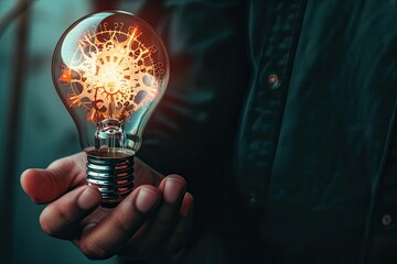 A close-up of a person hand holding a lightbulb, with visible gears and mechanisms inside Hand holding light bulb and business digital marketing innovation technology