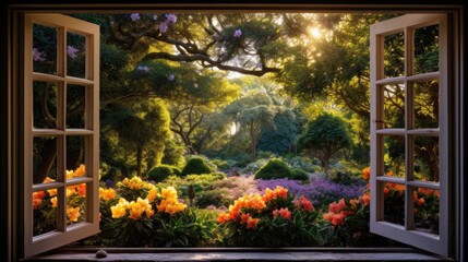Fototapeta na wymiar window frame as a natural border to frame the view of the green garden to highlight the lush foliage, creating a seamless blend of indoor and outdoor spaces.