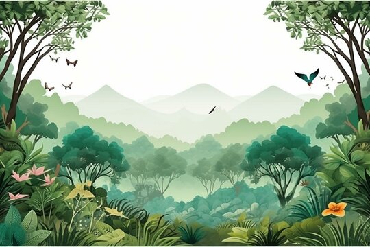 White background illustration of tropical forest, world wildlife day background, beautiful tropical forest background. Generative AI