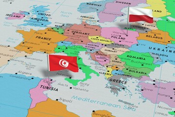 Poland and Tunisia - pin flags on political map - 3D illustration