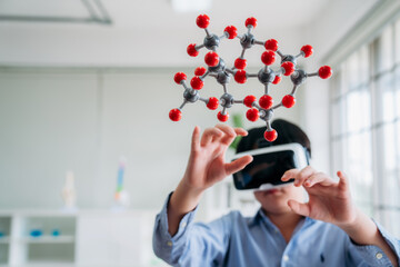 Child Explores Molecular Models with VR Glasses. Boy Wearing Reality Headset Interacts with 3D Molecule. Immersive STEM Education.