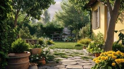 Fototapeta premium harmony of color, combining the bright yellow of the instruments with the greenery of the garden. This contrast adds visual interest and realism.