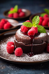 Homemade chocolate lava cake on a plate with raspberry 