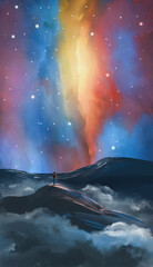 Man climber silhouette standing on mountain with nebula and star field . Fantasy digital painting
