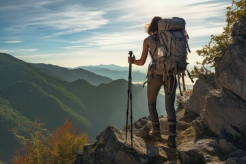 An adventurous woman conquers the challenging climb as she hikes up the side of a majestic mountain, Hiker woman with trekking sticks climbs steep on mountain trail, AI Generated - obrazy, fototapety, plakaty
