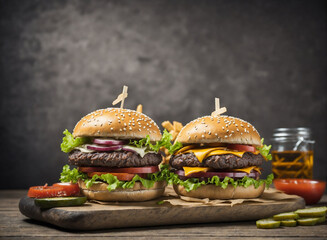 hamburger on a wooden background, Large chicken, beef and shrimp burgers
