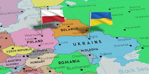 Poland and Ukraine - pin flags on political map - 3D illustration