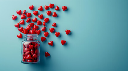 Red heart shaped pills in plastic bottle on the blue background. Concept of love and Valentine's Day	