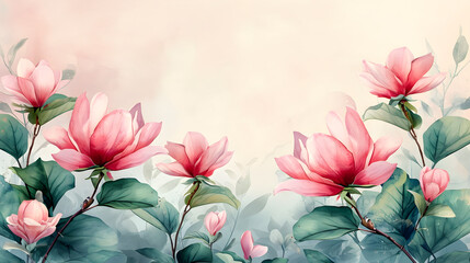 watercolour frame of spring flowering magnolia 