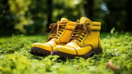 yellow shoes on a green lawn, imitating a natural setting, natural lighting to emphasize the authenticity and brightness of the yellow color.