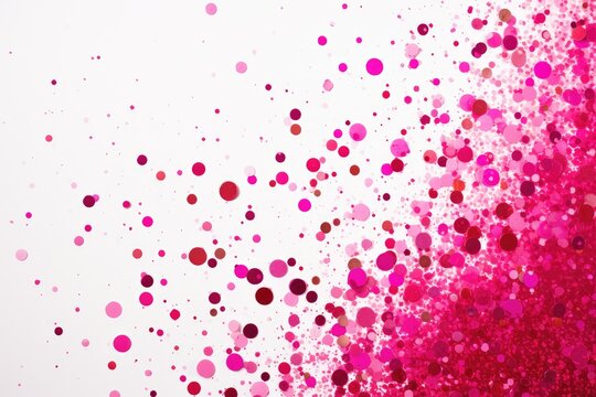 A vibrant background consisting of various shades of pink and red, adorned with numerous dots, Hot pink glitter scattered randomly across a cool white backdrop, AI Generated
