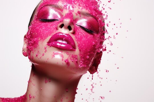 A woman with her eyes closed is completely covered in pink powder, Hot pink glitter scattered randomly across a cool white backdrop, AI Generated