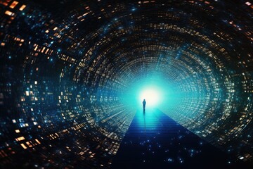 A person standing alone in the center of a tunnel with walls made of brick, Infinity tunnel with...