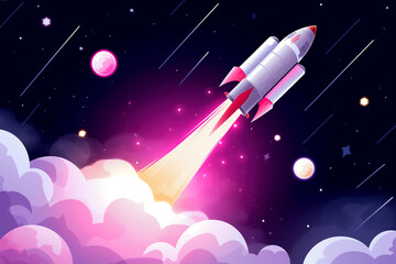 Fantastic Cartoon Pink Spaceship Flies in Outer Space. Concept for Celebrating Cosmonautics Day. Space Exploration, Satellite Launch, Flight to the Moon.