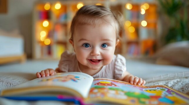 Baby reading a colorful book on a bed with a bokeh background cute happy first book